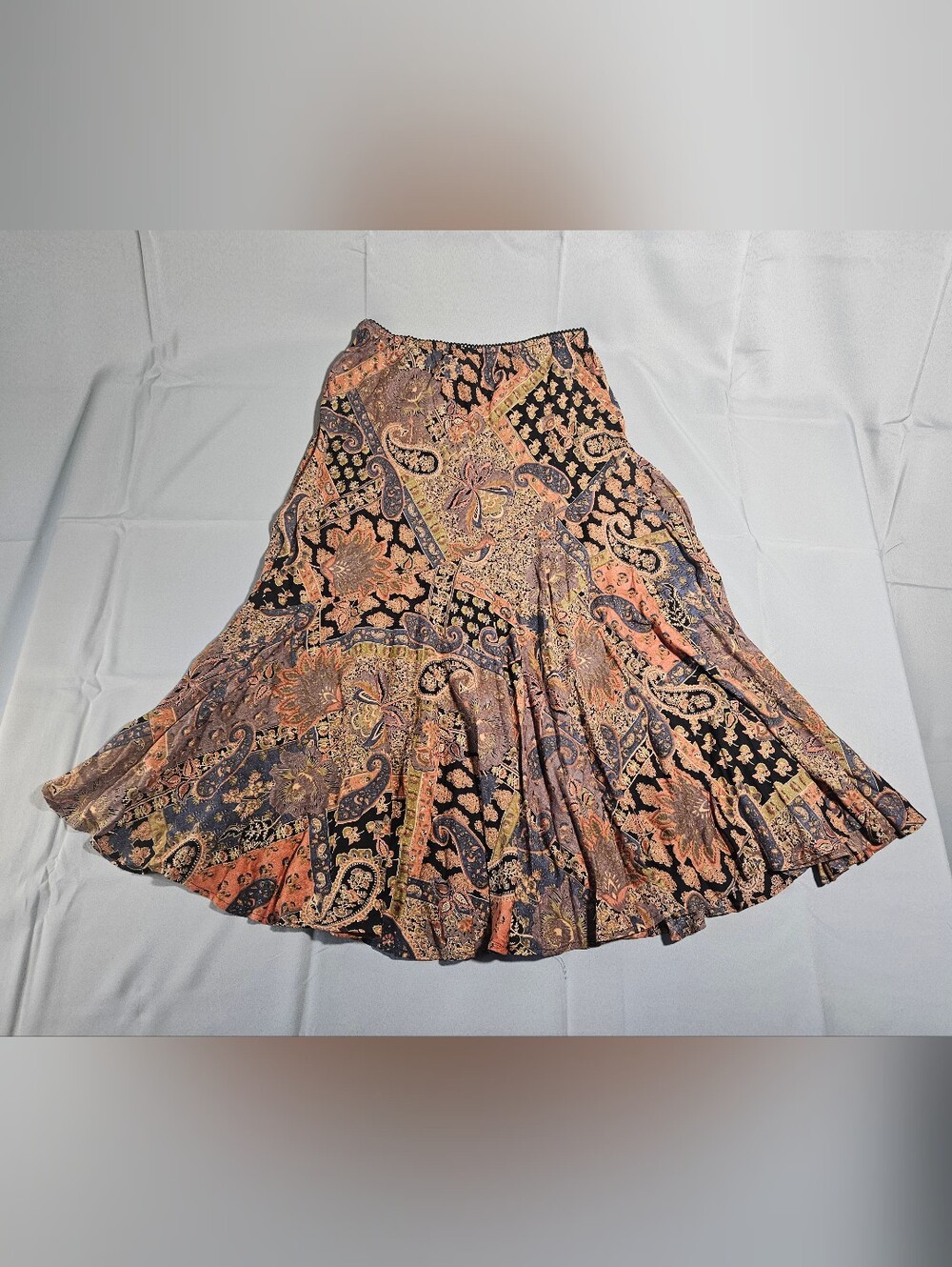 Chaps Vtg Patchwork Peasant Cottagecore Boho Paisley Brown 90s Fall Midi Sz XL